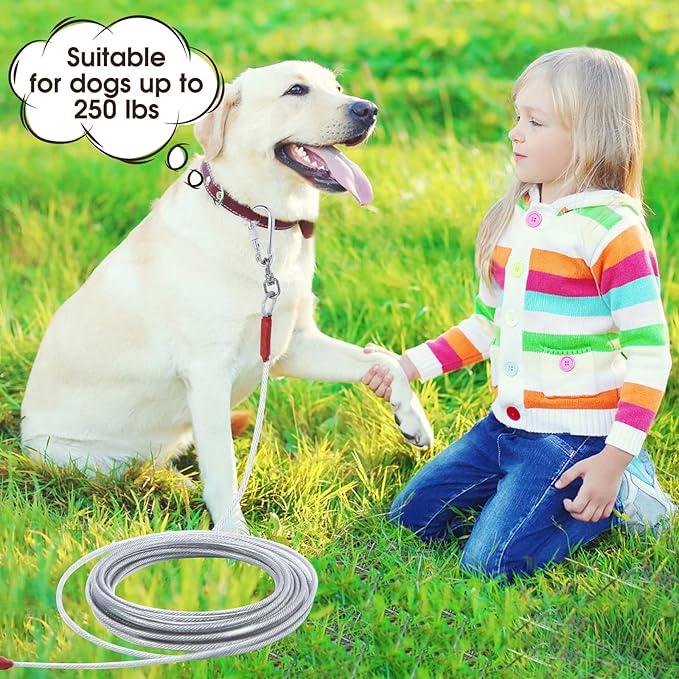 Dog Tie Out Cable for Dogs Outside Up to 125/250lbs,10/20/30/50FT Long Dog Leashe&amp;Chains,Small-Large Dogs Runner Cable for Yard,Heavy Duty Lead Line for Outdoor,Camping,Yard(250lbs 30FT, Silver)