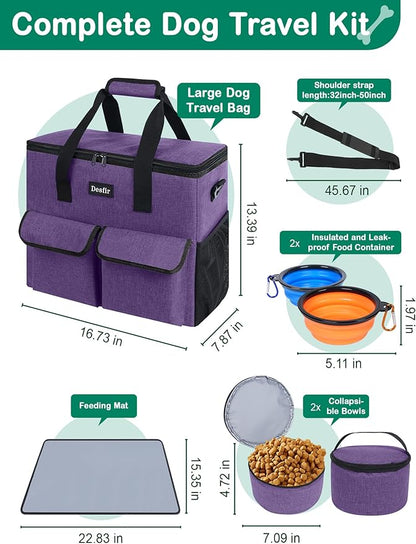 Large Pet Travel Bag Organizer - Dog &amp; Cat Tote with Food Containers, Bowls, Feeding Mat, Perfect for Camping, Hiking (Multi-Pocket Design)