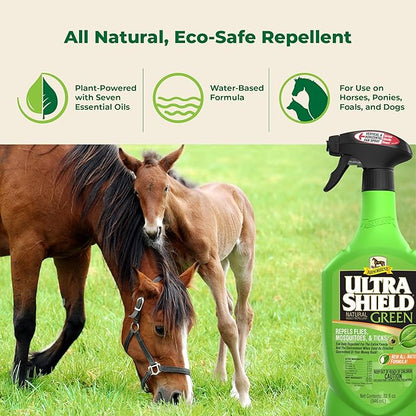 Absorbine UltraShield Green All-Natural Fly &amp; Insect Repellent for Horses &amp; Dogs, Essential Oils Repel &amp; Control, 32oz Spray Bottle