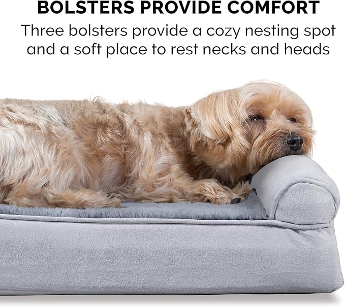 Furhaven Cooling Gel Dog Bed for Medium/Small Dogs w/ Removable Bolsters &amp; Washable Cover, For Dogs Up to 35 lbs - Plush &amp; Suede Sofa - Gray, Medium