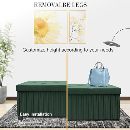 Storage Ottoman Bench, 43 Inch Foldable Ottoman with Legs, Velvet Foot Rest Stool, End of Bed Bench, Storage Chest for Living Room, Bedroom (Green)