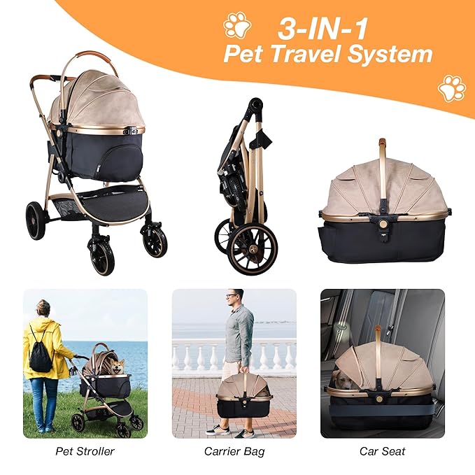 Dog Stroller for Small Medium Dogs, 3 in 1 Folding Pet Stroller Up to 33 lbs, 4 Wheels Pet Strolling Cart with Zipperless Entry, Cat Dog Travel Carrier with Cup Holder &amp; Storage Basket