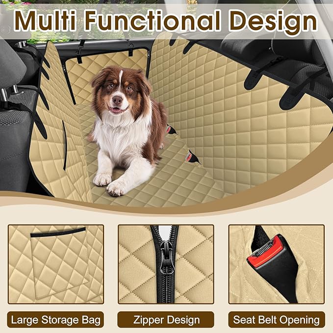 Waterproof Dog Car Seat Cover for Back Seat - Durable, Scratch Proof Pet Hammock with Nonslip Design &amp; Storage Pockets, Fits Cars, SUVs, Trucks - L, Khaki/Black