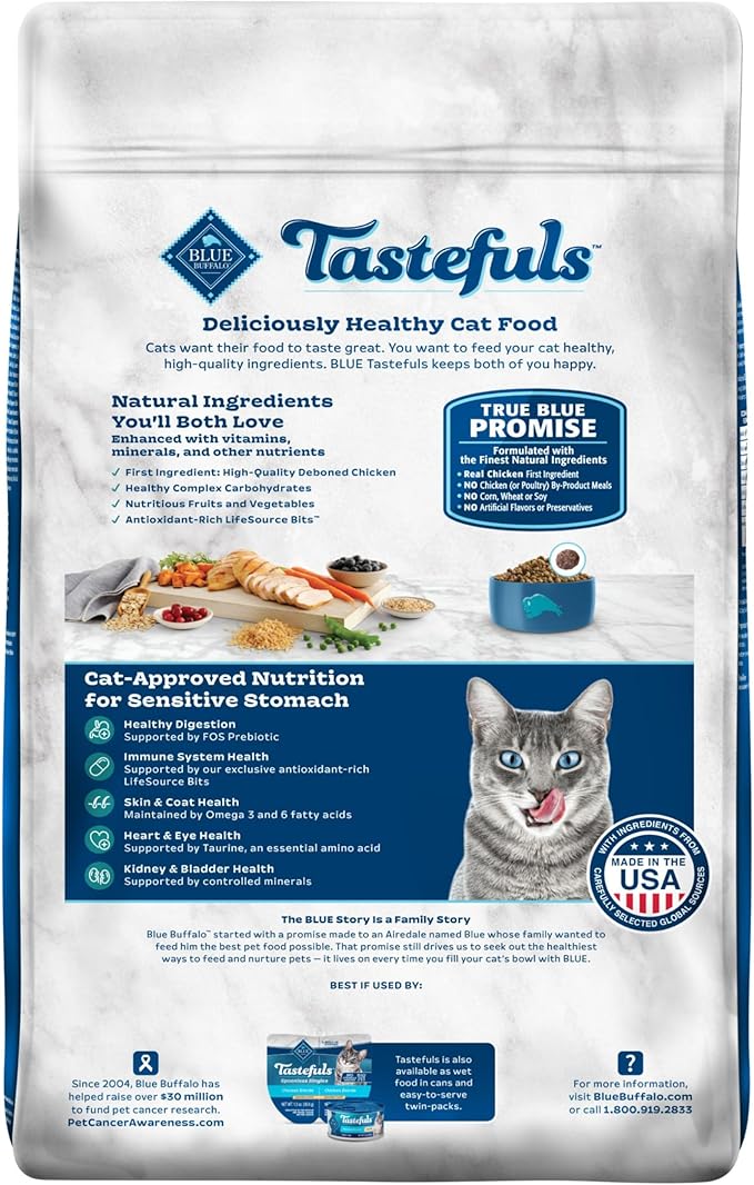 Blue Buffalo Tastefuls Natural Dry Food for Adult Cats, Sensitive Stomach, Chicken &amp; Brown Rice Recipe, 15-lb Bag