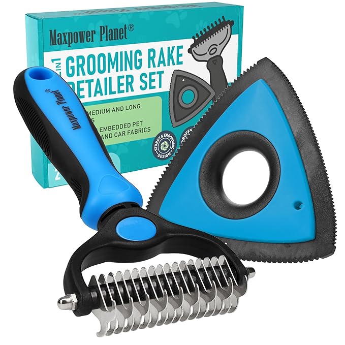 Maxpower Planet Pet Grooming Rake and Mini Pet Hair Remover Tool, Undercoat Rake for Dogs &amp; Hair Remover for Car Carpet, Cat Fur Removal and Double-Sided Deshedding Dematting Tool for Dogs and Cats