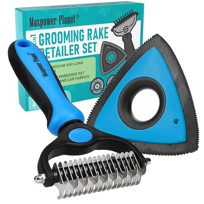 Maxpower Planet Pet Grooming Rake and Mini Pet Hair Remover Tool, Undercoat Rake for Dogs &amp; Hair Remover for Car Carpet, Cat Fur Removal and Double-Sided Deshedding Dematting Tool for Dogs and Cats