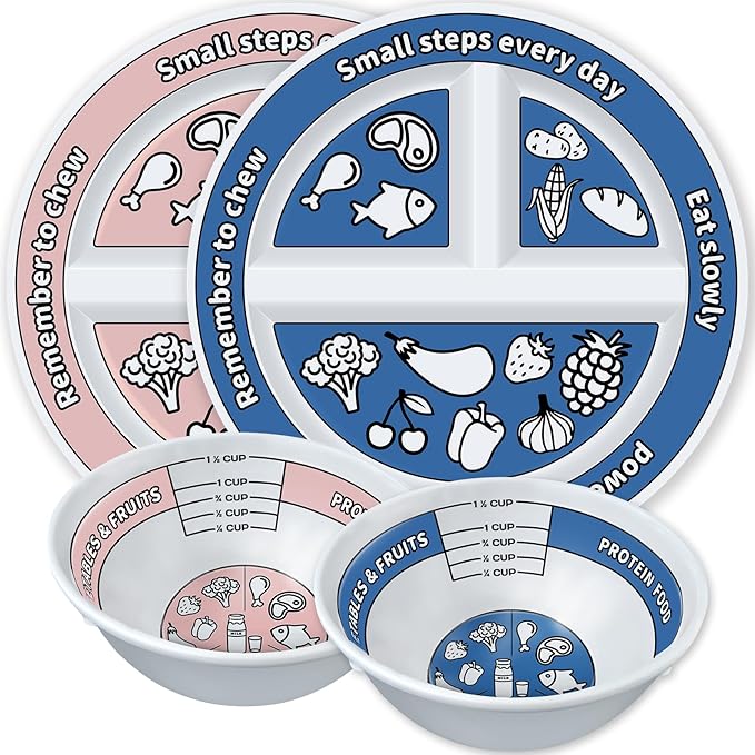 4 Pcs Portion Control Plates &amp; Bowls Set (2 Plates + 2 Bowls, 9 Inch) - Self-Measuring for Weight Loss, Gastric Bypass, LapBand, Diabetes &amp; Healthy Diets, Pink &amp; Blue, for Adults &amp; Children