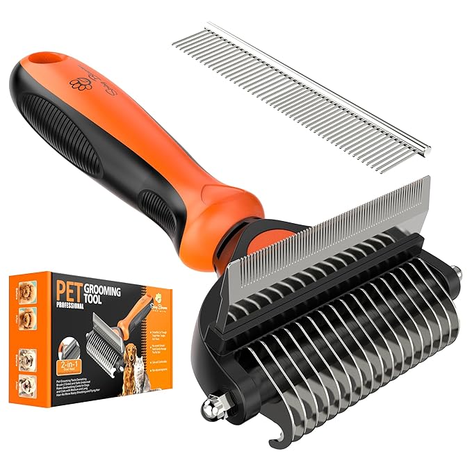 Spring Blossoms-2 in 1 Professional Grooming Rake for Cats &amp; Dogs-Dematting Comb for Easy Mats &amp; Tangles Removing,Pet Brush Safe No More Nasty Shedding and Flying Hair (Orange)