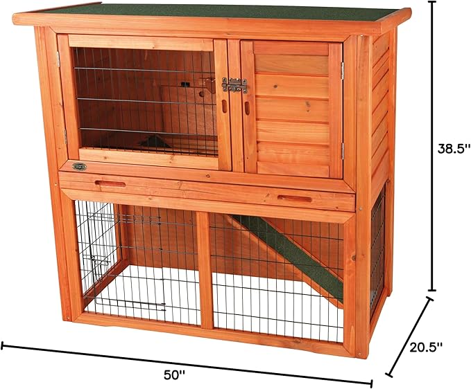 TRIXIE natura Outdoor Rabbit Hutch with Run - 2-Story Rabbit Cage with Non-Slip Ramp - Medium Elevated Small Animal House with Secure Playpen, Hinged Roof &amp; Pull-Out Tray - in Brown