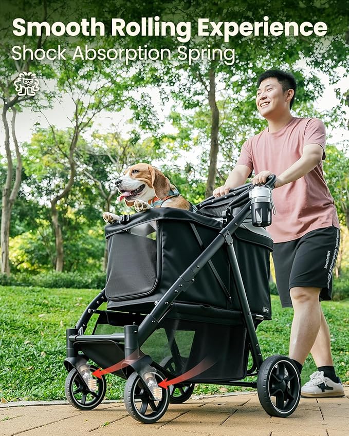 Medium Dog Stroller, Foldable Pet Stroller with Adjustable Handle &amp; No Zip Entry, Storage Basket &amp; Cup Holder, Canopy, Mesh Windows, Ideal for Medium Dogs and Cats Up to 50lbs, Black