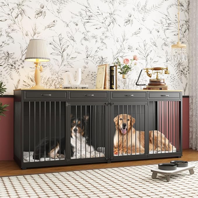 Extra Large Dog Crate with Double Rooms, 93" Heavy Duty Wooden Dog Cage Furniture Dog Crate Kennel w/Drawers &amp; Removable Divider,Indoor Luxury Dog House for Large Dogs,Black