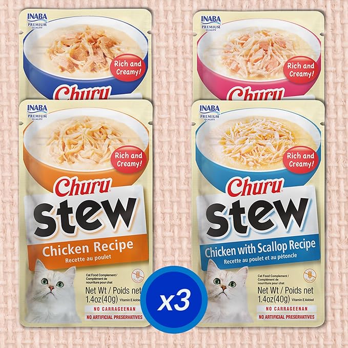 INABA Churu Stew for Cats, Side Dish Pouch with Vitamin E, 1.4 Ounces per Pouch, 12 Pouches, Chicken &amp; Seafood Variety