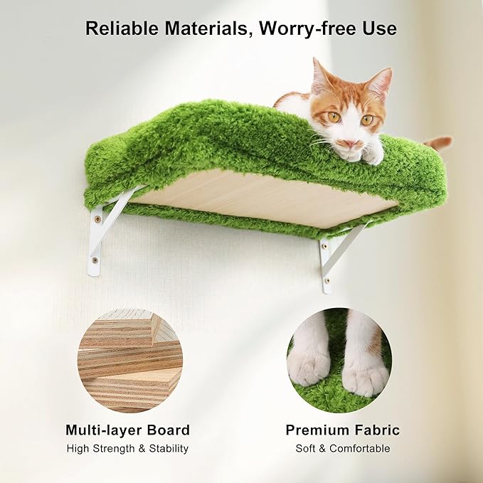 FUKUMARU Cat Wall Shelves, Stable &amp; Safe 4 in 1 Cat Furniture Set, Wooden Climbing Wall with Scratching Post, Bridge and Bed, Stylish Jungle Gym for 16 Inch Drywall - Green