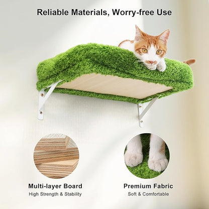 FUKUMARU Cat Wall Shelves, Stable &amp; Safe 4 in 1 Cat Furniture Set, Wooden Climbing Wall with Scratching Post, Bridge and Bed, Stylish Jungle Gym for 16 Inch Drywall - Green