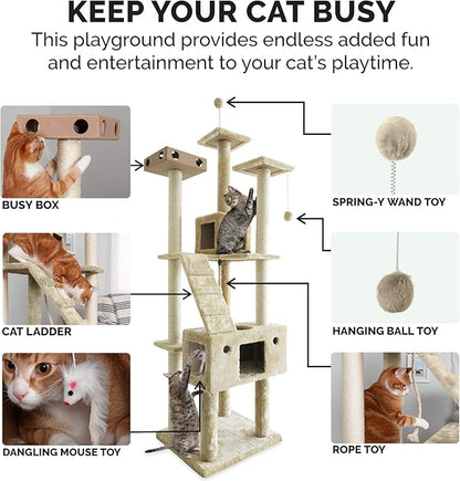 Furhaven 69.3" Tall Cat Tree for Indoor Cats, Ft. Sisal Scratching Posts, 2x Cat Condos, &amp; Toys - Tiger Tough Double Decker Interactive Playground Tower - Cream, One Size