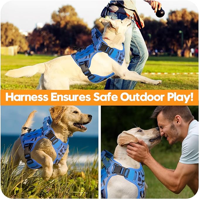 Heavy-Duty Tactical Dog Harness for Large Dogs, No Pull Adjustable Reflective Pet Vest with Molle System, K9 Military-Grade Control for Service Training, Outdoor &amp; 10+ Breeds, Blue Camo, Medium
