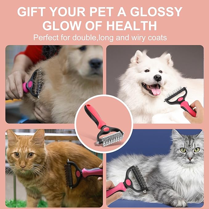 Pet Grooming Brush, Double Sided Undercoat Rake for Dogs &amp; Cats, Professional Deshedding Brush and Dematting Tool, Safe and Effective Removing Knots, Mats, Tangles,and Flying Hair (Pink)