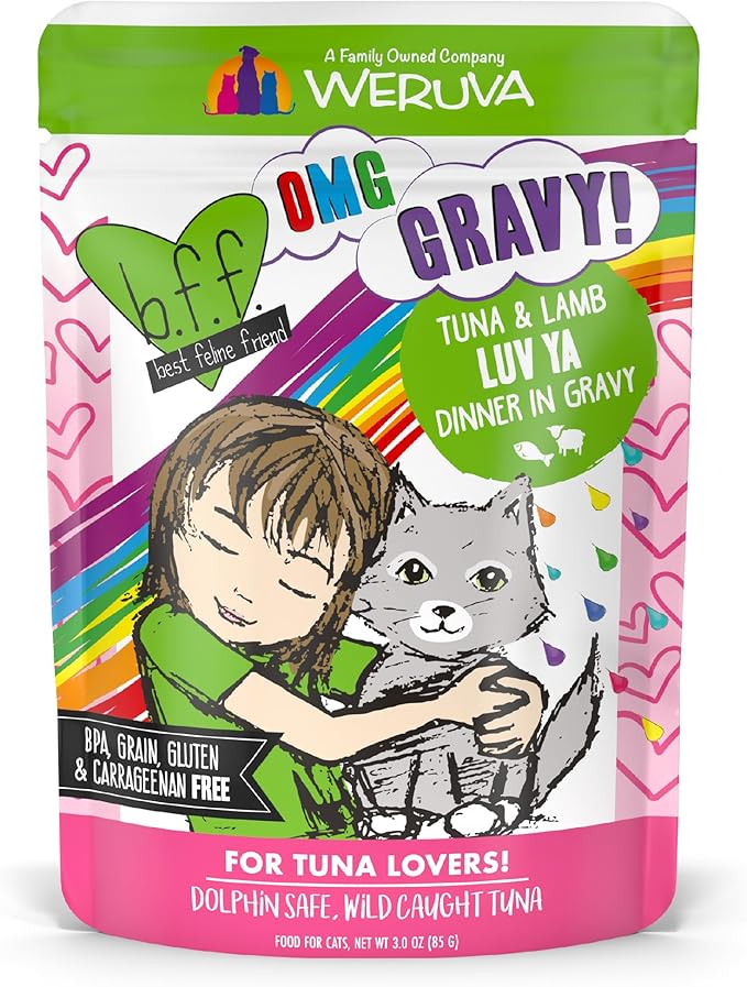 Weruva B.F.F. OMG - Best Feline Friend Oh My Gravy!, Tuna &amp; Lamb Luv Ya with Tuna &amp; Lamb in Gravy Cat Food, 3oz Pouch (Pack of 12)