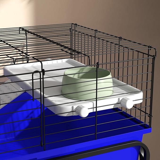 PawHut Two-Story Small Animal Cage Removable from Stand, Guinea Pig Cage with Shelf &amp; Wheels, Pet Habitat for Hedgehog, Chinchilla, Ferret, 33" x 18.5" x 35", Blue