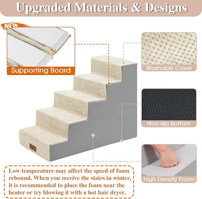 GGIB Dog Stairs for Small Dogs Pet Stairs for Sofa Couch Dog Ramp Pet Steps with Removable Washable Cover, Beige, 22" H, 5-Step