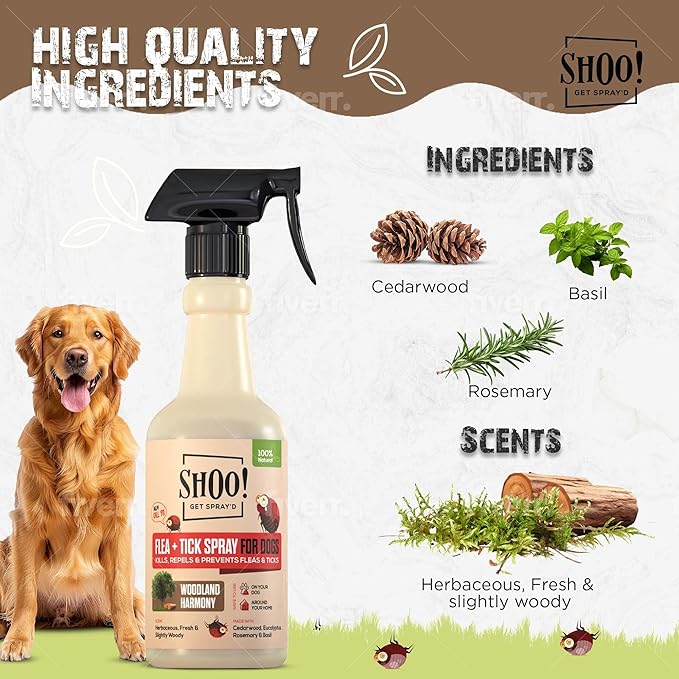 Shoo! Flea &amp; Tick Spray for Dogs and Home | Plant Based, Natural Oils, Chemical Free Formula | Kills, Repels, Prevents | 16 oz (Woodland Harmony)