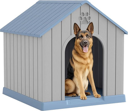 Large Dog House Outdoor Indoor for Medium Large Dogs, Durable Plastic Waterproof Doghouse with Air Vents and Elevated Floor, Easy Clean and Assemble (Blue, 36.2&