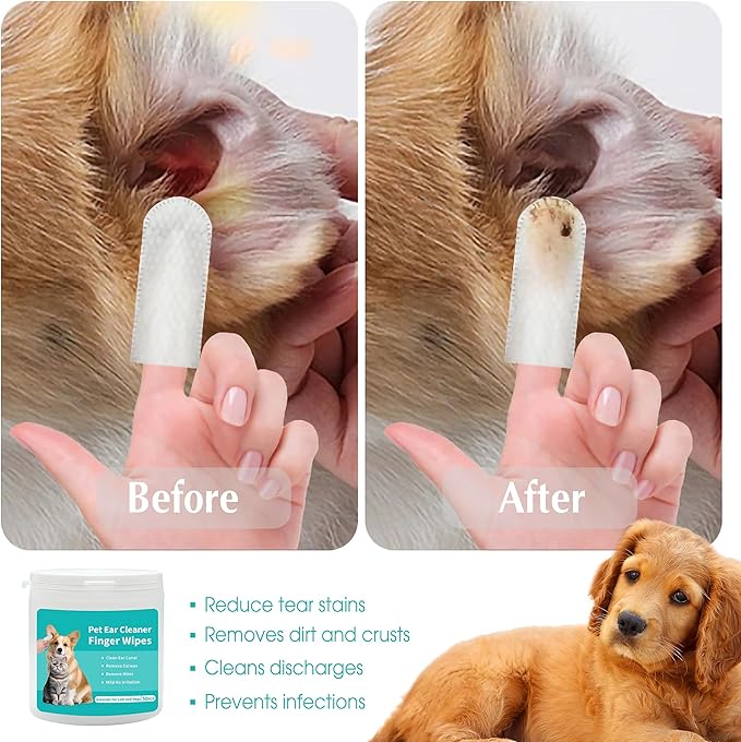 Ear Wipes for Dogs &amp; Cats - Comfortable Finger Design, Gentle Ear Wax, Debris, and Dirt Cleaning | 50-Count Pack