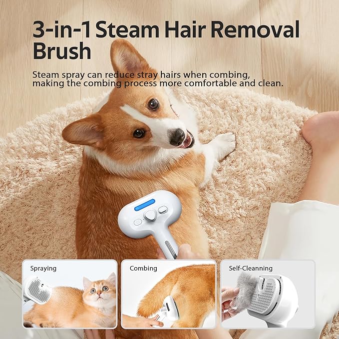 Pet Grooming Brush with Electronic Mist Spray - Gentle Deshedding Tool for Cats &amp; Dogs, Pet Steam Brush，Reduces Shedding, Soft Bristles, Promotes Healthy Coat-Comes with a hair smoothing comb-White