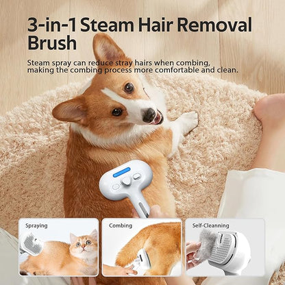 Pet Grooming Brush with Electronic Mist Spray - Gentle Deshedding Tool for Cats &amp; Dogs, Pet Steam Brush，Reduces Shedding, Soft Bristles, Promotes Healthy Coat-Comes with a hair smoothing comb-White