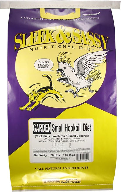 SLEEK &amp; SASSY Garden Small Hookbill Bird Food for Cockatiels, Lovebirds, Quaker Parrots &amp; Small Conures (20 lbs.)