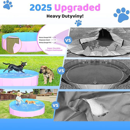 2025 Updated Foldable Dog Pool, 79" x 12" Kiddie Pool with Hard Plastic, Non-Slip Dog Bath Tub for Outdoor Backyard, Collapsible Dog Swimming Pool for Kids Dogs Pets (Pink)