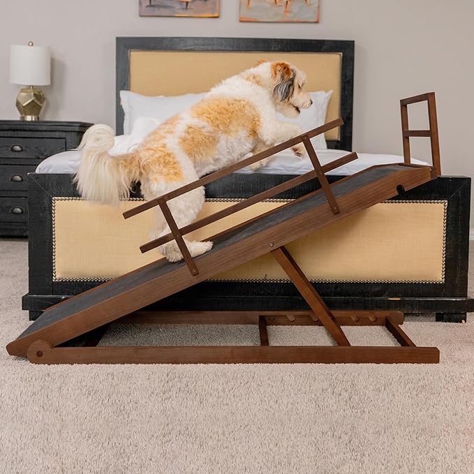 Dog Ramp for Bed, 5 Level Adjustable Dog Ramp for High Beds, Upgrade Rubber Mat High Traction Ramp with Safety Rails, Folding Pet Ramp for Bed, Couch,SUV, Natural Wood Pet Ramp for Small &amp; Old Dogs