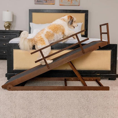 Dog Ramp for Bed, 5 Level Adjustable Dog Ramp for High Beds, Upgrade Rubber Mat High Traction Ramp with Safety Rails, Folding Pet Ramp for Bed, Couch,SUV, Natural Wood Pet Ramp for Small &amp; Old Dogs