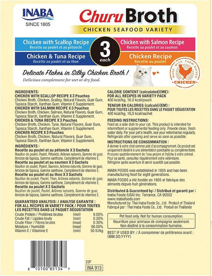 INABA Churu Broth for Cats, Creamy Broth with Shredded Chicken Side Dish Pouch, 1.4 Ounces per Pouch, 12 Pouches, Chicken &amp; Seafood Variety (Pack of 2)