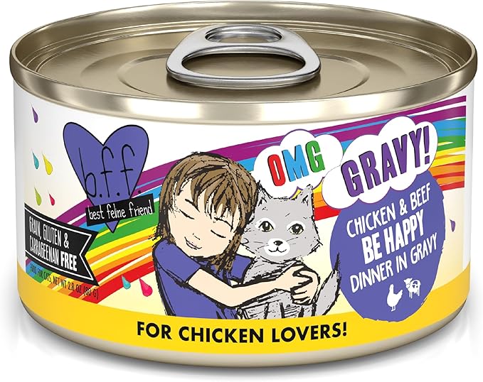 Weruva B.F.F. OMG - Best Feline Friend Oh My Gravy!, Chicken &amp; Beef Be Happy with Chicken &amp; Beef in Gravy, 2.8oz Can (Pack of 12)