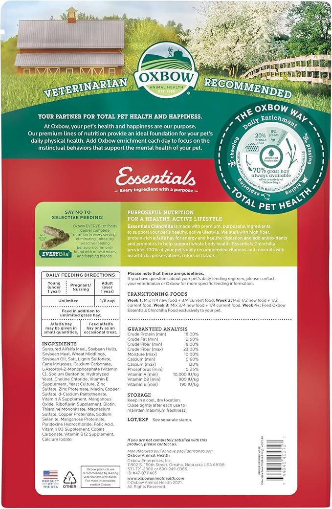 Oxbow Essentials Chinchilla Food, Made with Oxbow Alfalfa, Vitamin &amp; Mineral Rich Food for Chinchillas, Small Animal Pet Pellets, Made in USA, High Fiber, 10 lb Bag
