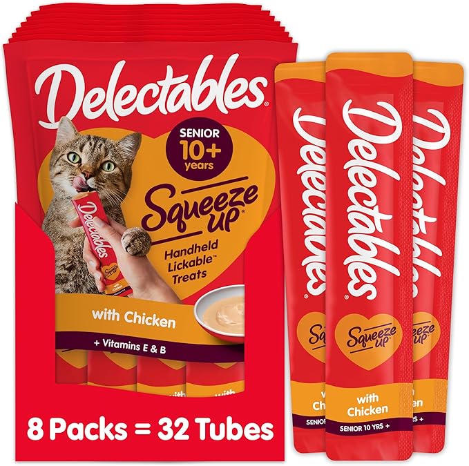 Hartz Delectables Squeeze Up Interactive Lickable Wet Cat Treats for Adult &amp; Senior Cats, Senior Chicken, 32 Count