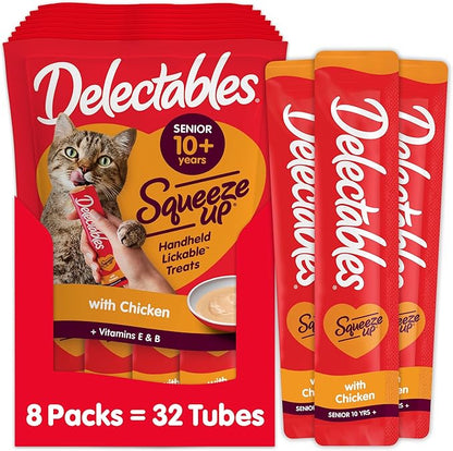 Hartz Delectables Squeeze Up Interactive Lickable Wet Cat Treats for Adult &amp; Senior Cats, Senior Chicken, 32 Count