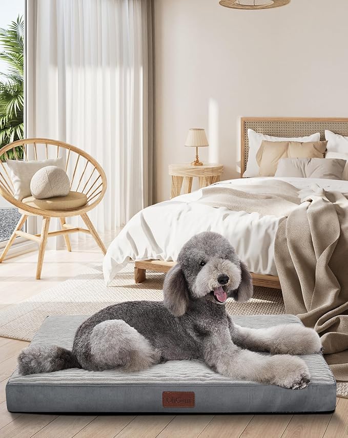 OhGeni Orthopedic Waterproof &amp; Machine Washable Dog Bed for Extra Large Pets, Suitable for Crates, Cat Mat with 25D Egg Crate Foam, Non-Slip Bottom &amp; Removable Cover, Invisible Zipper, 47 Inches(Gray)