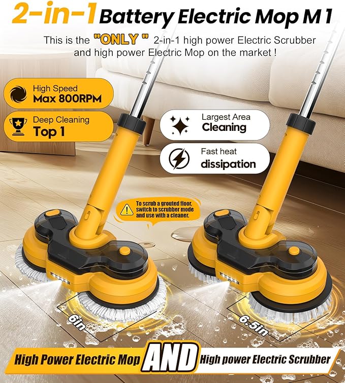 qimedo 6000mAh Battery Electric Mop M1, 800RPM Cordless Electric Power Scrubber &amp; Mops for Floor Cleaning, Best Automatic Spin Mops with Smart Display,Rotating Mop with LED Light &amp; Water Spray