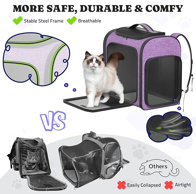 Pawtners Dog Carrier Backpacks Large Cat Backpack with Anti-Scratch Mesh, Foldable Designed Pet Backpack Carrier for Kitten Small Dogs &amp; Large Cats Up to 18 Lbs, Dog Carrier for Travel Outdoor