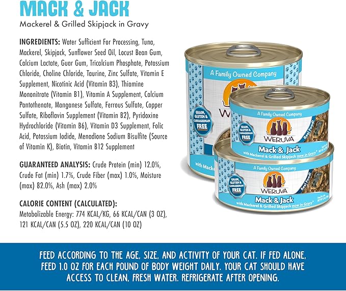 Weruva Classic Cat Food, Mack &amp; Jack with Mackerel &amp; Grilled Skipjack in Gravy, 10oz Can (Pack of 12)
