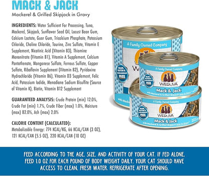 Weruva Classic Cat Food, Mack &amp; Jack with Mackerel &amp; Grilled Skipjack in Gravy, 10oz Can (Pack of 12)