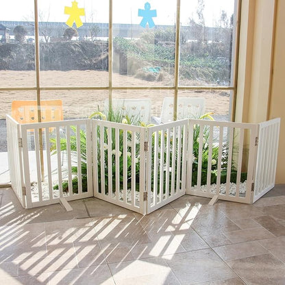ZJSF Freestanding Indoor Dog Gate for House Foldable Wood White Puppy Gate for Doorways Pet Gate for Stairs Extra Wide Pet Fence 24" Height 6 Panels