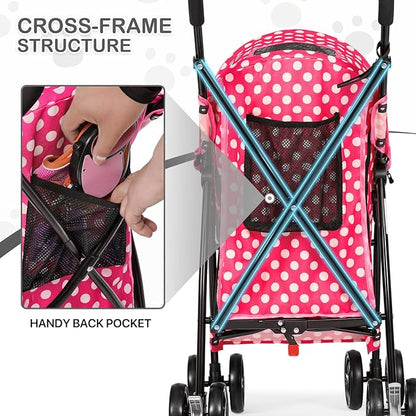 MoNiBloom 4 Wheels Pet Stroller, Easy-Fold Umbrella Shaped Dog Cat Jogger Stroller w/Storage Bag &amp; Visible Mesh for Small/Medium Dogs Cats Hot Pink Polka Dots