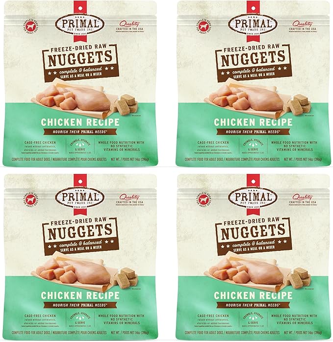Primal Freeze Dried Dog Food Nuggets, Chicken, Complete &amp; Balanced Meal, Also Use as Topper or Treat, Premium, Healthy, Grain Free, High Protein Raw Dog Food, 14 oz (Pack of 4)