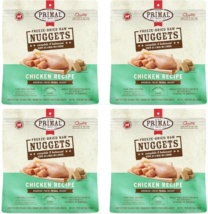 Primal Freeze Dried Dog Food Nuggets, Chicken, Complete &amp; Balanced Meal, Also Use as Topper or Treat, Premium, Healthy, Grain Free, High Protein Raw Dog Food, 14 oz (Pack of 4)