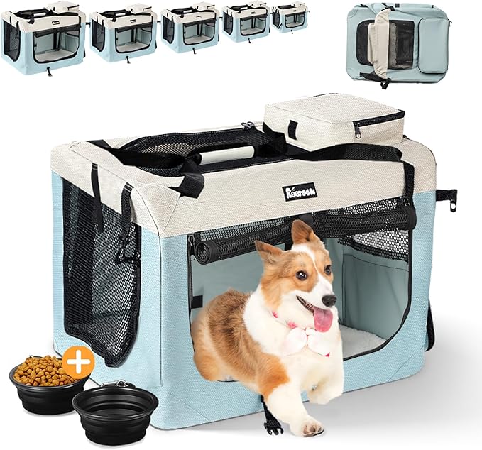 Extra Large Dog Crate with 2 Foldable Bowl, 36 Inch Collapsible Travel Dog Crate Kennel with Soft Blanket for Medium Dogs,Indoor &amp; Outdoor (36" L x 25" W x 25" H, Blue)