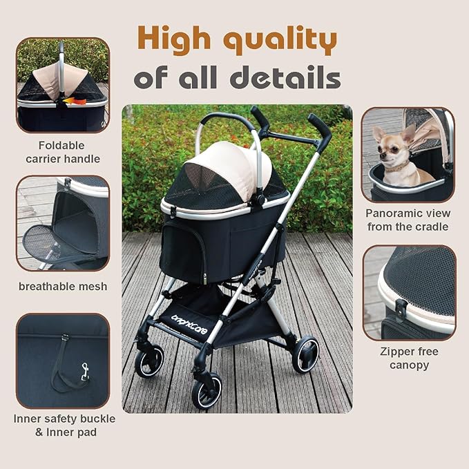 3-in-1 Small Pet Carrier with Stroller for Small Dogs &amp; Cats Under 20 lb – Removable Carrier Converts to Car Seat – Lightweight, One-Hand Fold, No-Zipper Entry