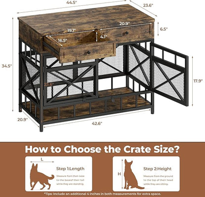 IRONCK 44 inch Large Dog Crate Furniture, Wooden Dog Kennel with Storage Drawers for Medium/Large Dogs, Decorative Dogs Kennel Indoor, Rustic Brown